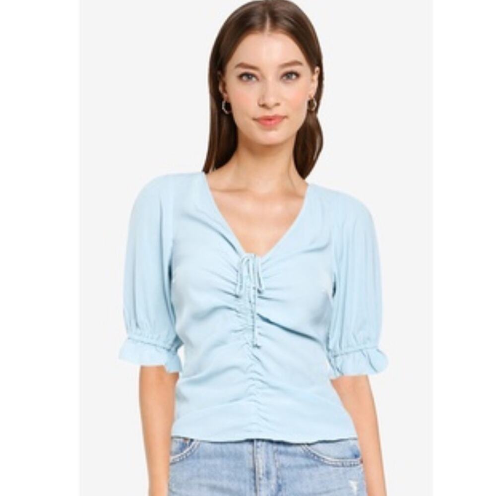 Abercrombie & Fitch Blue Short Sleeve Ruched Front Cropped Top Sz M‎